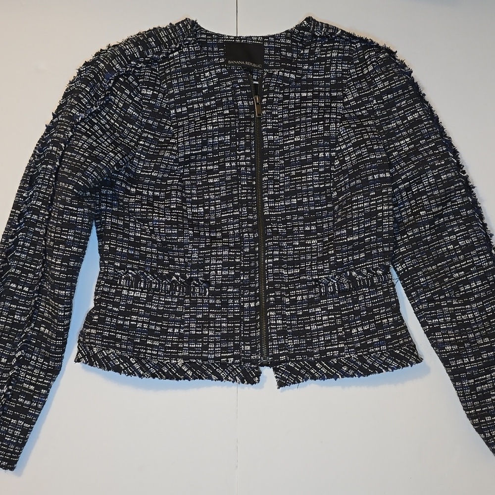Banana Republic Tweed Zip Up Fringe Navy Off white Cotton Blend Jacket Blazer 4 - Picture 4 of 15